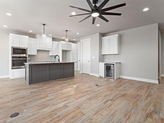 Interior, Kitchen, Pendant Lights, Recessed Lighting, Wood Texture Flooring