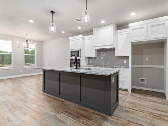 Chandelier, Interior, Kitchen, Pendant Lights, Recessed Lighting, Wood Texture Flooring