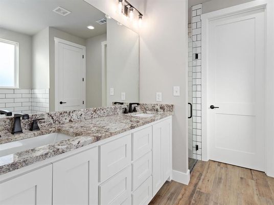 Bathroom, Dual Sink Vanities, Interior, Recessed Lighting, Wood Texture Flooring