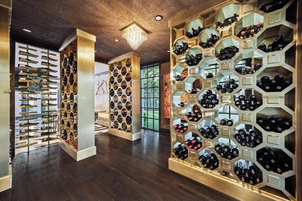 Chandelier, Interior, Recessed Lighting, Wine Storage, Wood Texture Flooring