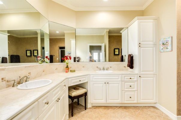 Bathroom, Dual Sink Vanities, Interior, Recessed Lighting, Tile Countertops