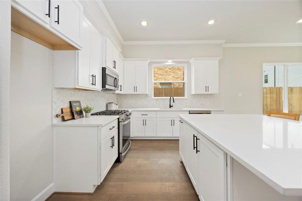 Interior, Kitchen, Recessed Lighting, Stainless Steel Appliances, Wood Texture Flooring