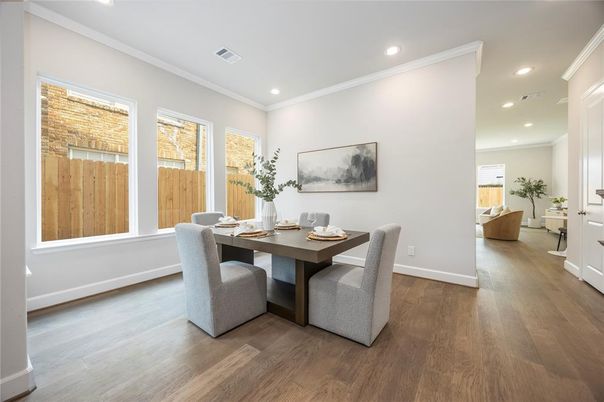 Dining room, Interior, Recessed Lighting, Wood Texture Flooring