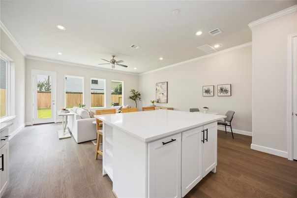 Dining room, Interior, Living room, Recessed Lighting, Wood Texture Flooring