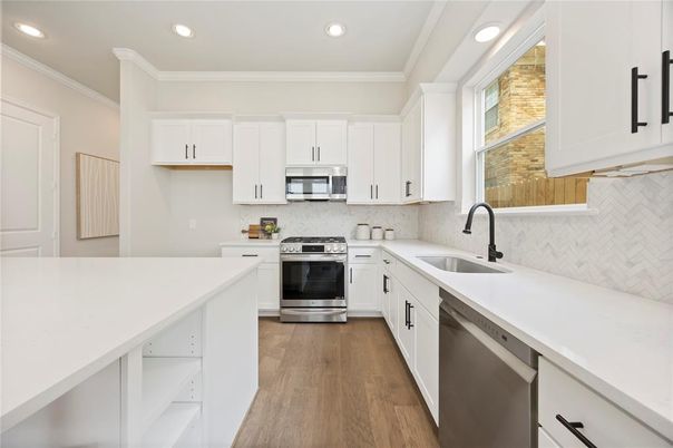 Interior, Kitchen, Recessed Lighting, Stainless Steel Appliances, Wood Texture Flooring