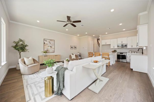 Interior, Kitchen, Living room, Recessed Lighting, Stainless Steel Appliances, Wood Texture Flooring