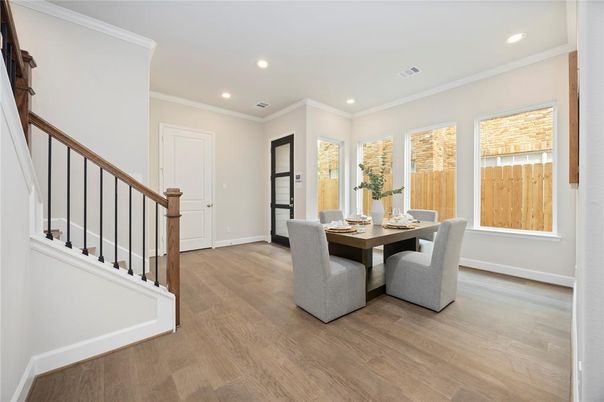 Dining room, Interior, Recessed Lighting, Wood Texture Flooring