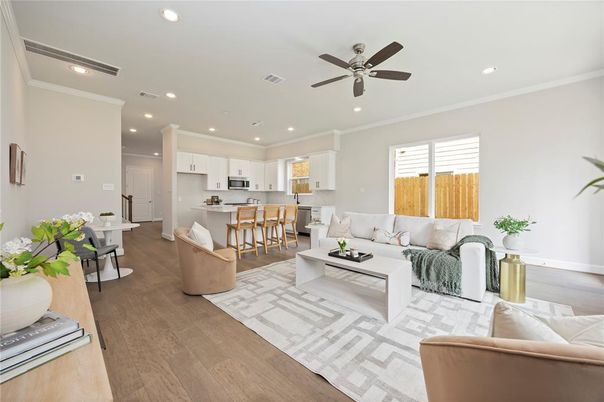 Dining room, Interior, Kitchen, Living room, Recessed Lighting, Stainless Steel Appliances, Wood Texture Flooring