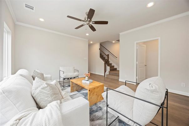 Interior, Living room, Recessed Lighting, Wood Texture Flooring