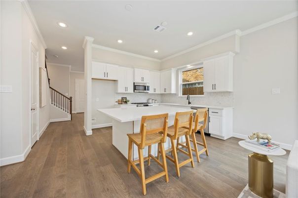 Interior, Kitchen, Recessed Lighting, Stainless Steel Appliances, Wood Texture Flooring