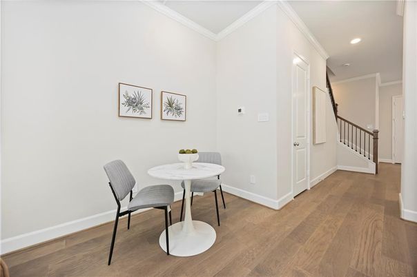 Dining room, Interior, Recessed Lighting, Wood Texture Flooring