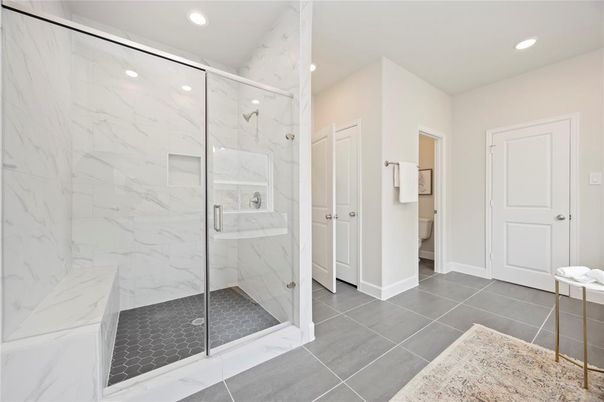 Bathroom, Glass Shower, Interior, Marble Walls, Recessed Lighting
