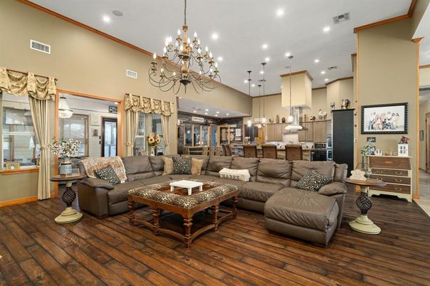 Chandelier, Interior, Kitchen, Living room, Pendant Lights, Recessed Lighting, Wood Texture Flooring