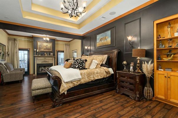 Bedroom, Chandelier, Fireplace, Interior, Wood Texture Flooring