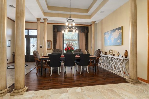 Dining room, Interior, Pendant Lights, Wood Texture Flooring