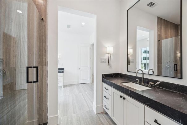 Bathroom, Dual Sink Vanities, Glass Shower, Interior, Recessed Lighting