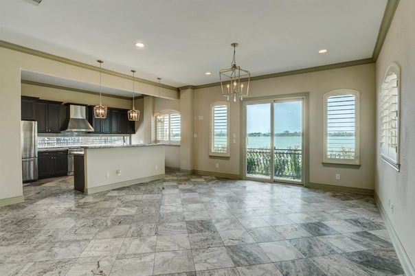 Interior, Kitchen, Marble, Pendant Lights, Recessed Lighting, Stainless Steel Appliances, Water