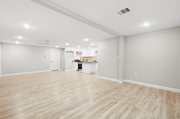Empty room, Interior, Kitchen, Pendant Lights, Recessed Lighting, Wood Texture Flooring