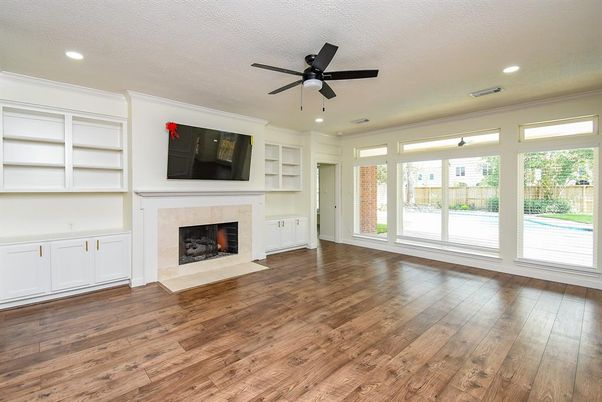 Empty room, Fireplace, Interior, Recessed Lighting, Wood Texture Flooring