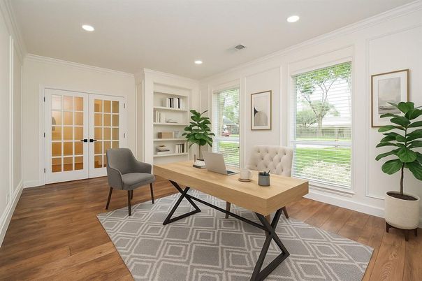 Home Office, Interior, Recessed Lighting, Wood Texture Flooring