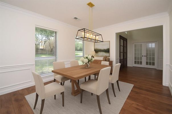 Dining room, Interior, Pendant Lights, Wood Texture Flooring