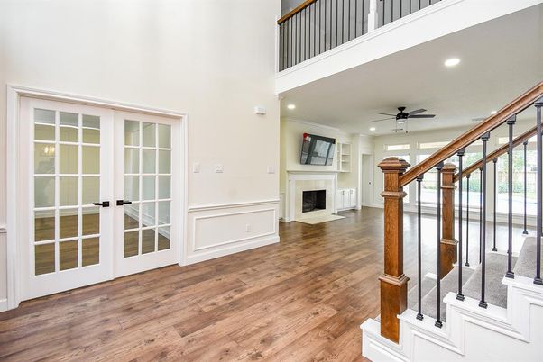 Fireplace, Interior, Recessed Lighting, Wood Texture Flooring