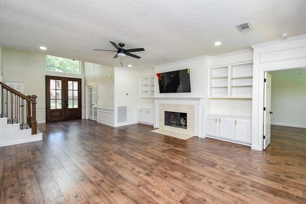 Empty room, Fireplace, Interior, Recessed Lighting, Wood Texture Flooring