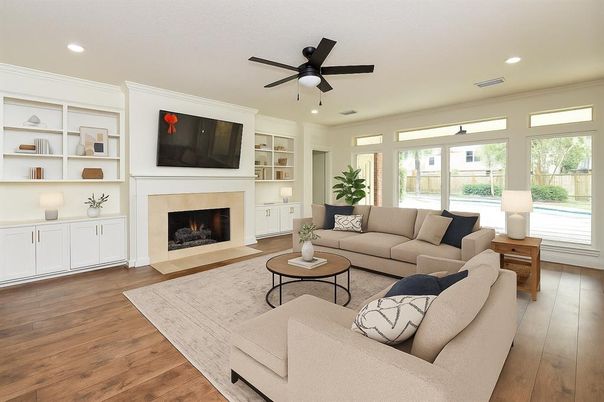 Fireplace, Interior, Living room, Recessed Lighting, Wood Texture Flooring