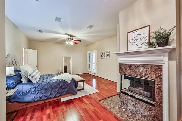 Bedroom, Fireplace, Interior, Wood Texture Flooring
