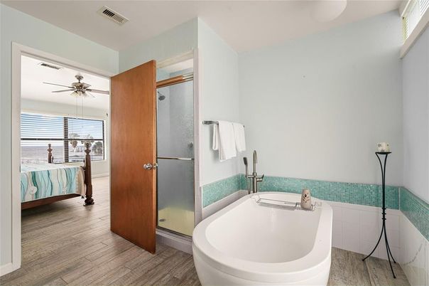 Bathroom, Glass Shower, Interior, Wood Texture Flooring
