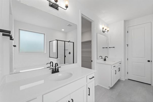Bathroom, Dual Sink Vanities, Glass Shower, Interior, Recessed Lighting