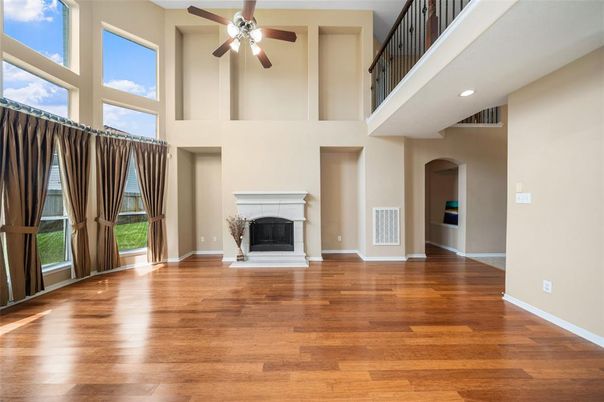 Fireplace, Interior, Recessed Lighting, Wood Texture Flooring