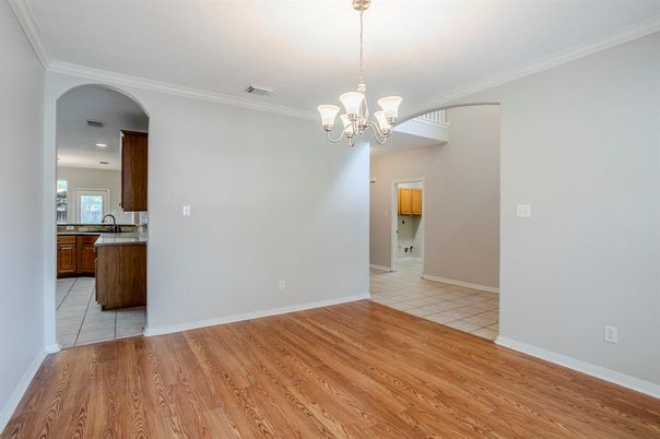 Chandelier, Empty room, Interior, Kitchen, Recessed Lighting, Wood Texture Flooring