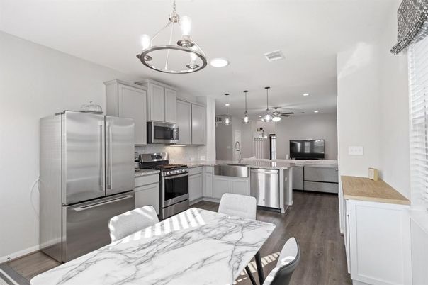 Interior, Kitchen, Pendant Lights, Recessed Lighting, Stainless Steel Appliances, Wood Texture Flooring