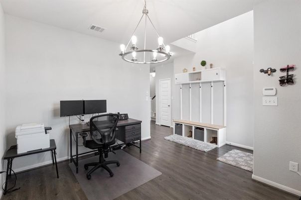 Chandelier, Home Office, Interior, Pendant Lights, Wood Texture Flooring