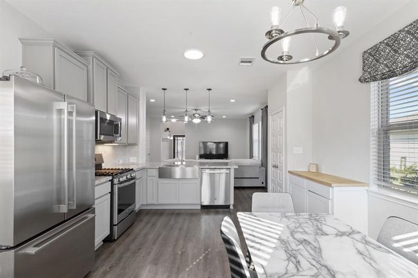 Interior, Kitchen, Pendant Lights, Recessed Lighting, Stainless Steel Appliances, Wood Texture Flooring