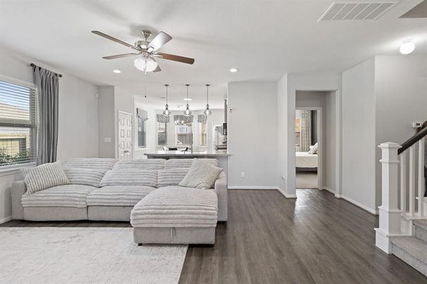 Interior, Kitchen, Living room, Pendant Lights, Recessed Lighting, Wood Texture Flooring