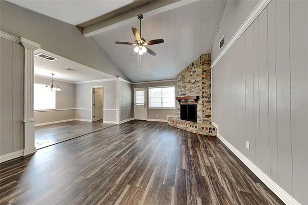 Empty room, Fireplace, Interior, Stone Walls, Wood Texture Flooring
