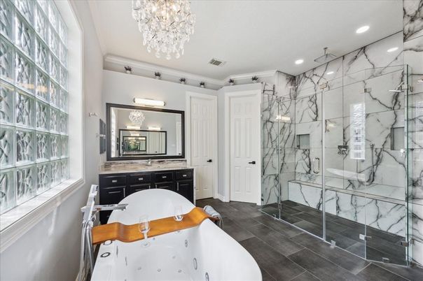 Bathroom, Chandelier, Glass Shower, Interior, Marble Walls, Recessed Lighting