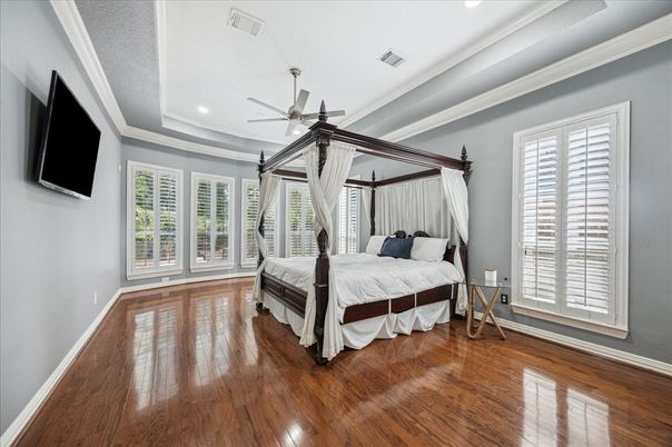 Bedroom, Interior, Recessed Lighting, Wood Texture Flooring