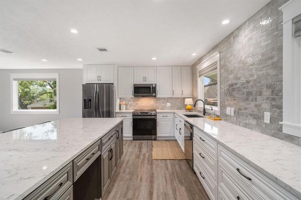Interior, Kitchen, Recessed Lighting, Stainless Steel Appliances, Stone Walls, Wood Texture Flooring
