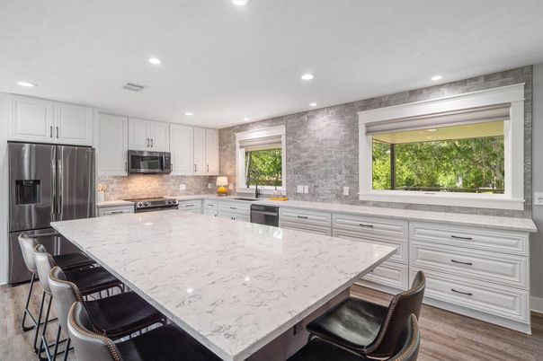 Interior, Kitchen, Recessed Lighting, Stainless Steel Appliances, Wood Texture Flooring