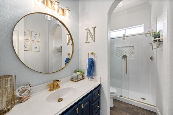 Bathroom, Glass Shower, Interior, Wood Texture Flooring