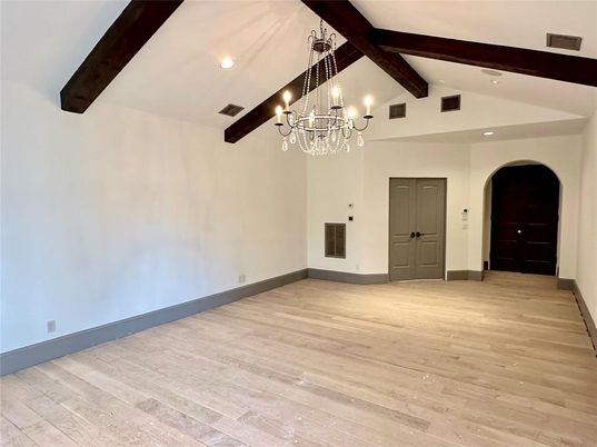 Chandelier, Empty room, Interior, Recessed Lighting, Wooden Beams, Wood Texture Flooring
