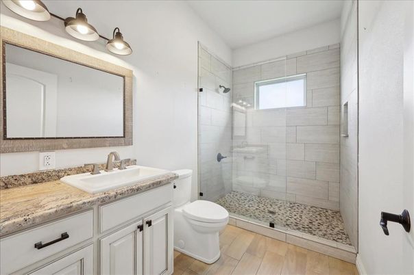 Bathroom, Glass Shower, Interior, Wood Texture Flooring