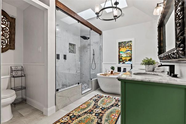 Bathroom, Glass Shower, Interior, Marble Walls, Pendant Lights