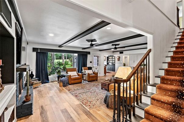 Fireplace, Interior, Living room, Recessed Lighting, Wood Texture Flooring