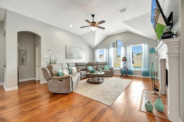Fireplace, Interior, Living room, Recessed Lighting, Wood Texture Flooring