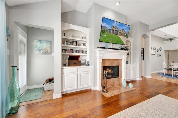 Fireplace, Interior, Recessed Lighting, Wood Texture Flooring