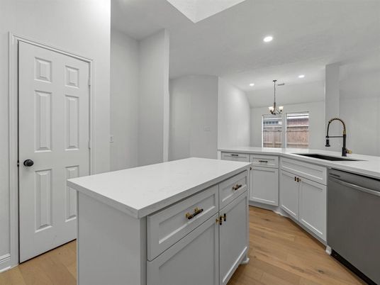 Chandelier, Interior, Kitchen, Pendant Lights, Recessed Lighting, Wood Texture Flooring